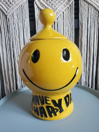 Euc Vintage Mccoy Yellow Have A Happy Day Smiley Face Cookie Jar 1970 