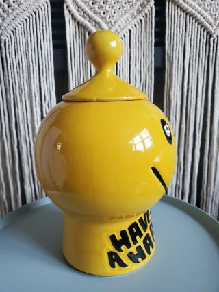 EUC Vintage McCoy Yellow Have A Happy Day Smiley Face Cookie Jar 1970 ' s 235 3