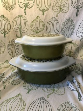2 Vintage Pyrex Olive Green Casserole Dishes 043 & 045 Oven Ware With Lids