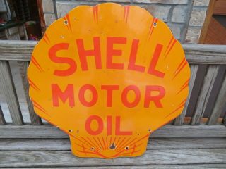 Vintage Porcelain Shell Gas Double Sided Sign 25 By 24 Inches