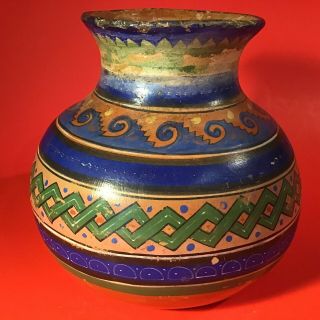Mexican Pottery Vase Hand Crafted And Painted 6 " Vintage Blue Green Orange