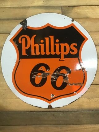 Rare Early 1900’s Large Double Sided Porcelain Phillips 66 Gas Oil Veribrite