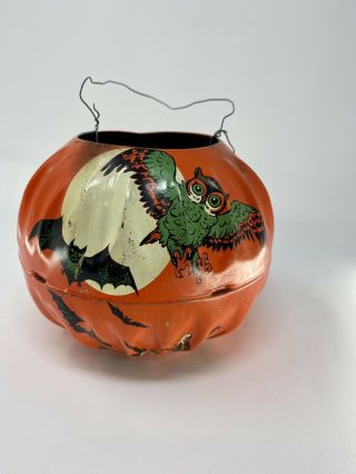 Rare Vintage Us Metal Toy Jack O Lantern Tin Toy Candy Pail Pumpkin Owl Bat 2