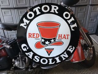 Rare Vintage Porcelain 30” 2 - Sided Red Hat Motor Oil Gasoline Station Sign