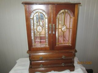 Vtg Armoire Etched Glass Doors Jewelry Box Wood Drawer Carousel Hangers 15 " Tall