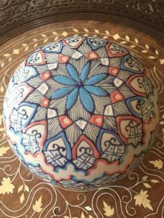 Servin Ceramic Lidded Trinket Dish Bowl Grey W Blue & Orange Enamel 4 1/4 " Diam
