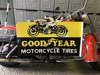 Rare Vintage Porcelain 36” 2 Sided Goodyear Motorcycle Tires Flange Sign Harley