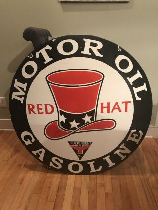 Large 42” Red Hat Gasoline Double Sided Porcelain Sign