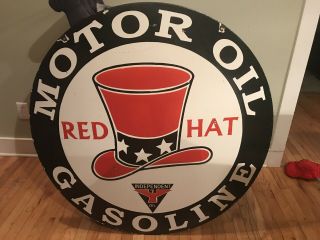 Large 42” Red Hat Gasoline Double Sided Porcelain Sign 2