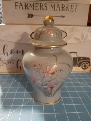 Vintage Grey,  Pink And Gold Trimmed Floral Ginger Jar Fine China Japan