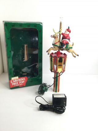 Vintage Mr Christmas Tree Topper Santa Riding Carousel Reindeer Tabletop 3