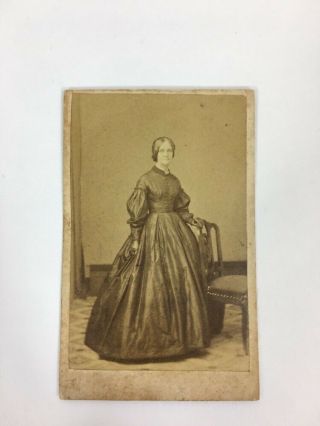 Antique Cdv Photograph Woman In Hoop Dress Standing Hand On Chair Late 1800 