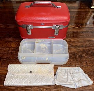 Vintage American Tourister Make Up Train Cosmetic Case Red With Mirror