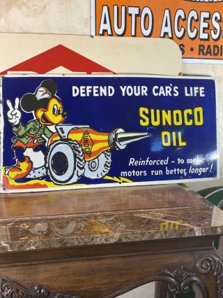 Large Vintage  Sunoco Oil  Porcelain Gas & Oil Station Sign 18x36 Inch