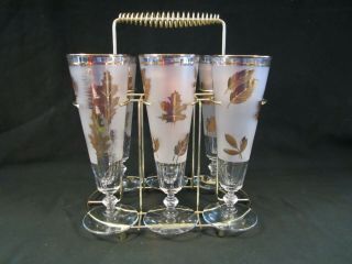 Set Of 6 Vintage Libby Pilsner Gold Leaf & Frosted Glasses W/ Caddy -