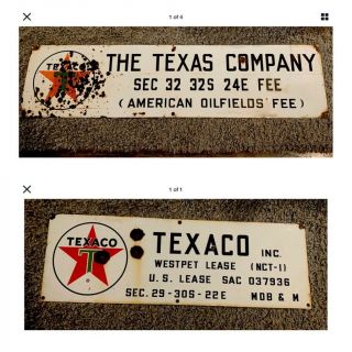 2 1950s Porcelain The Texas Company & Texaco Oil Well Lease Signs