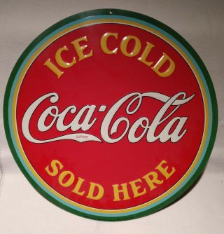 1933 Coca - Cola Ice Cold Here Round,  Embossed,  Painted Metal Sign