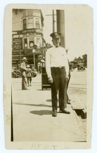 Vintage 1924 Snapshot Photo Police Officer Gillis W Whistle Downtown Waukegan Il
