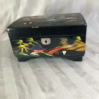 Vintage Black Lacquered Jewelry Ballerina Music Box Japan Mother Of Pearl Inlay