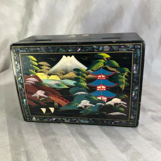 Vintage Black Lacquered Jewelry Ballerina Music Box Japan Mother of Pearl Inlay 2