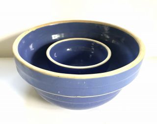 Vtg Usa Pottery Stoneware Yelloware Cobalt Blue Crock Mixing Bowls 9 " & 5 "