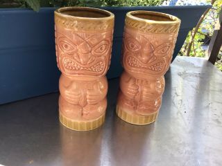 (2) Vintage Tiki Mugs Angry Cup - Ceramic Hand Painted & Glazed 6 1/2” Tall