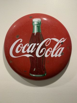 Vintage Coca - Cola 24 " Porcelain Button Sign W/ Coke Bottle
