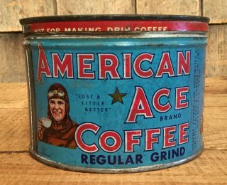 Rare Vintage American Ace Coffee Tin Can Country Store Display Pilot Graphic