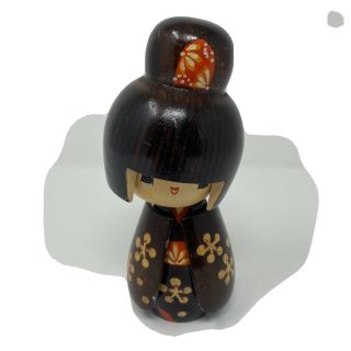 Vintage Kokeshi Doll 6 " Tall Japanese Stamped Girl Brown Kimono With Flowers