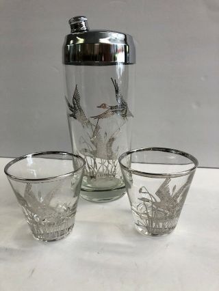 Vintage Mallard Duck Glass Cocktail Shaker With Sterling Overlay And Two Glasses