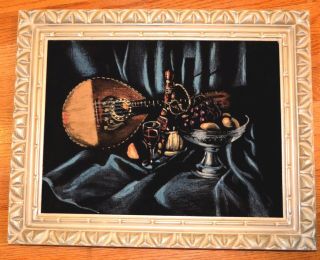Vtg Mexican Oil Painting On Velvet Framed Nm Lute Domra Wine & Fruit Still Life