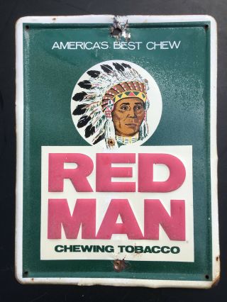 Vintage Red Man Chewing Tobacco Tin Litho Embossed Metal Sign 16 X 12