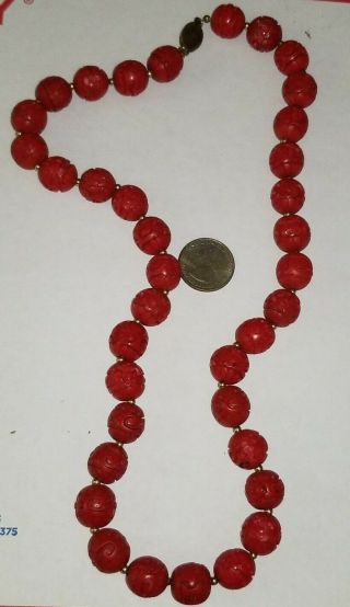 Antique Red Carved Cinnabar & Silver Gilt Filigree Necklace 25 " 69 Grams