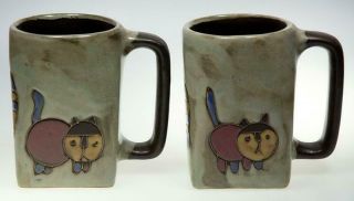 Set Of 2 Mara Mexico Art Pottery Gray Cats Large Square Coffee Cup Mug