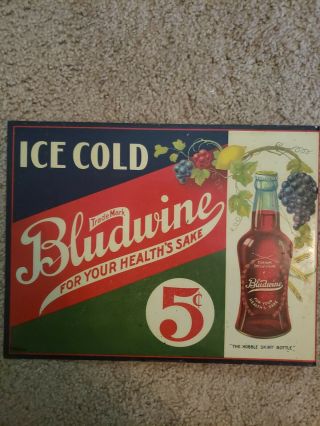 Rare 1920s Bludwine Soda Flange Vintage Advertising Soda Metal Sign