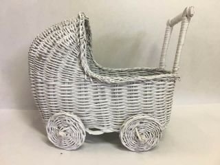 Vintage Miniature Toy White Wicker Baby Doll Buggy Carriage 6 " X 8 " (db7)