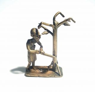 Vintage Ashanti African Tribal Brass Or Bronze Statue Man Cutting Down A Tree.