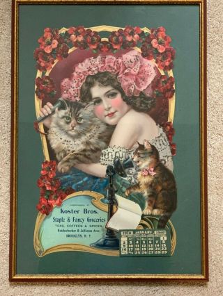 1910 Koster Bros Grocery Advertising Die Cut Calendar Cats Flowers Telephone