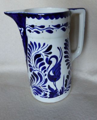 Anfora Puebla 7 " Pitcher For Milk/water Pottery Hand Painted Mexico Blue & White