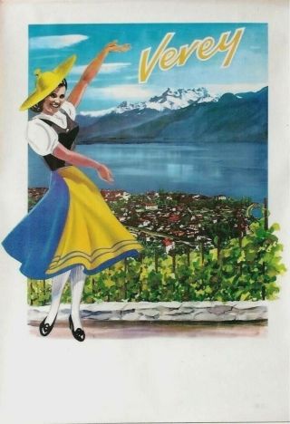 Vintage Poster Vevey Winegrover Girl Lake Alps C.  1950