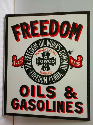 Vintage Double Sided Flange Freedom Gasoline Porcelain Enamel Sign.