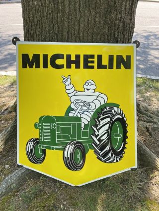 Vtg Michelin Man Bibendum Tires Gasoline Oil Tractor Dealer Porcelain Sign 1960s