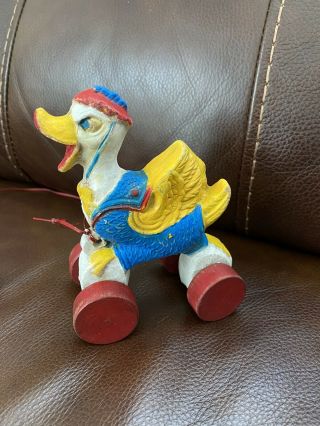 Vintage 1940’s Wooden Pull Toy Duck On 4 Wood Wheels With Pull String
