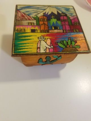 Vintage Mexican Folk Art Straw Decorated Wooden Box