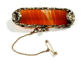 Vintage 925 Sterl Silver Orange Agate Brooch W.  9ct Gold Chain,  12.  16g - Bc5