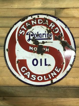 Early 1900s 30” Large Double Sided Standard Polarine Oil Gas Porcelain Sign