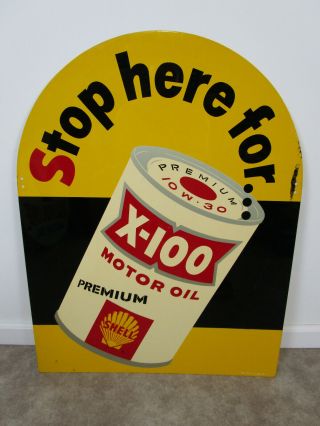 Vintage Shell X - 100 Curb Sign Motor Oil Can Gas Station Advertising