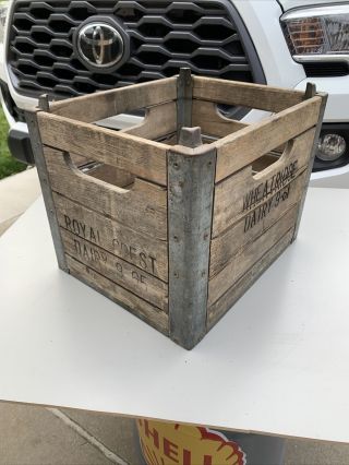 1965 Vintage Royal Crest Wheat Ridge Dairy - Wood Milk & Metal Bottle Crate Box