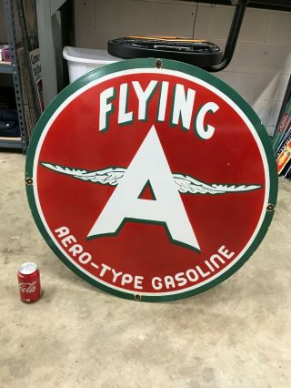 " Flying A Aero - Type Gasoline " Large,  Heavy Porcelain Dealer Sign,  (30 " Inch)