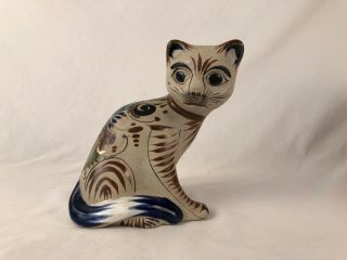 Mexican Tonala Folk Art Hand Made Painted Pottery Kitty Cat Signed Tostado 5.  25 "